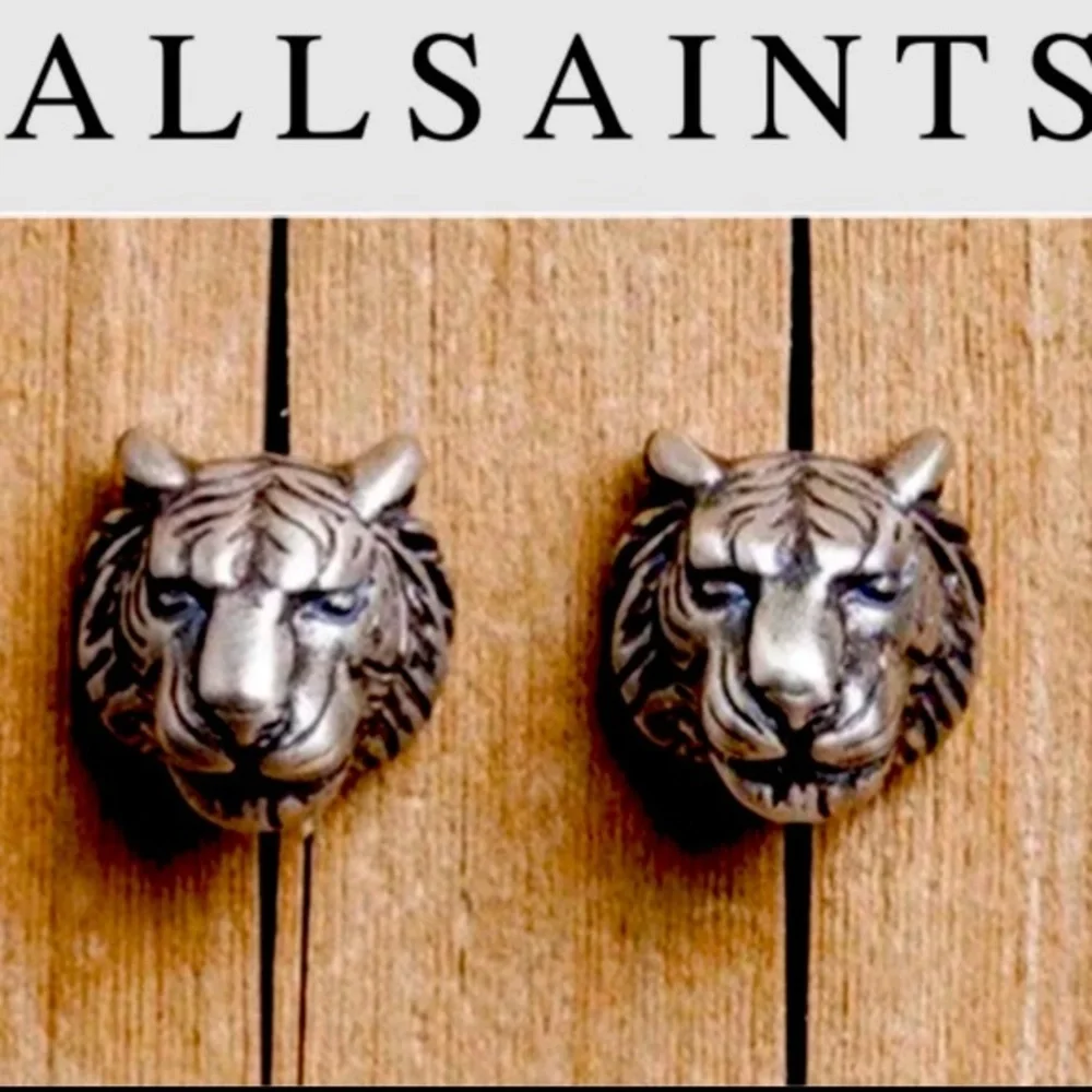 NWT Unisex Allsaints tiger 925 sterling head Silver Stud Post Unisex Earrings